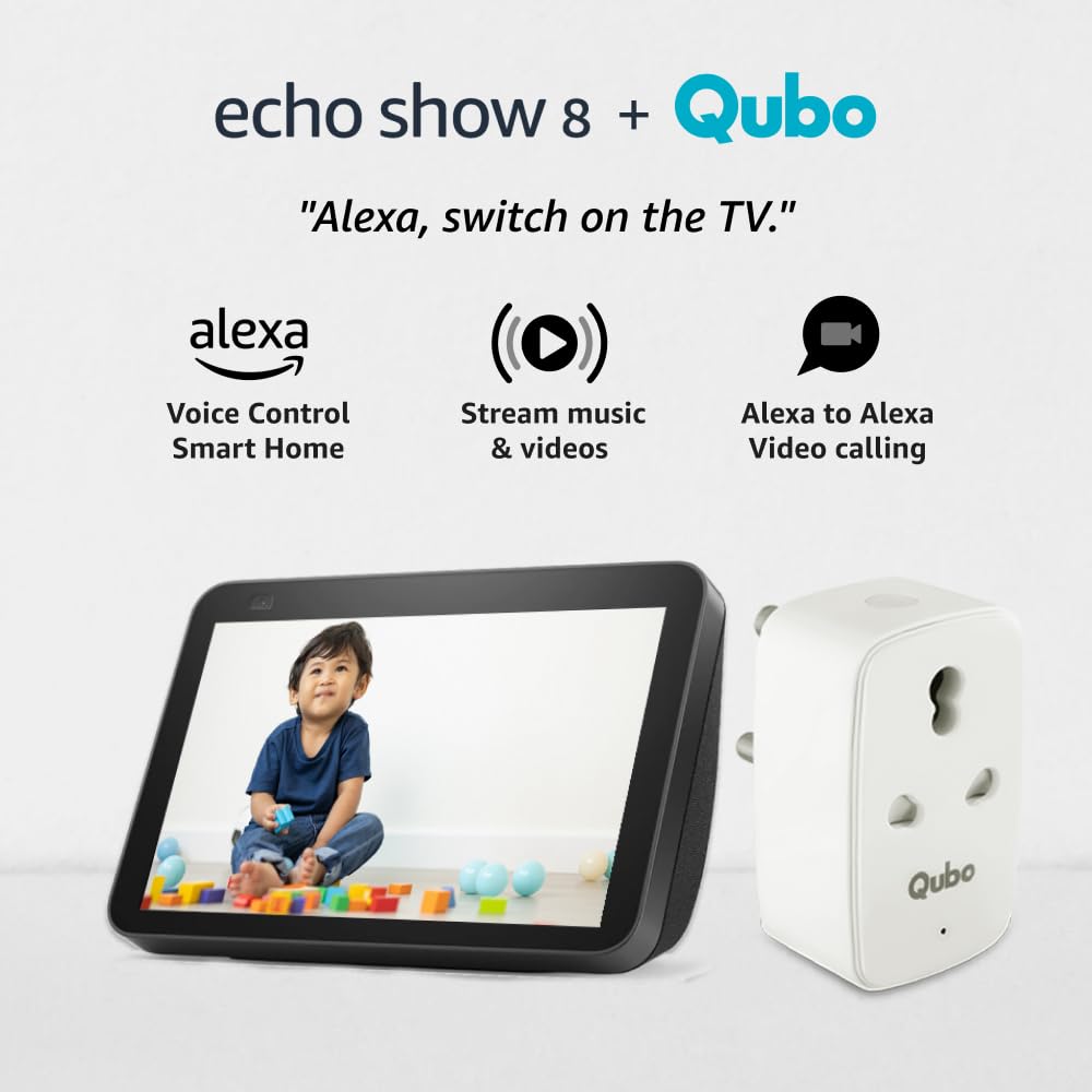 Amazon Echo Show 8 (2nd Gen) Black with Qubo Smart 360 3MP 1296p WiFi CCTV Security Camera