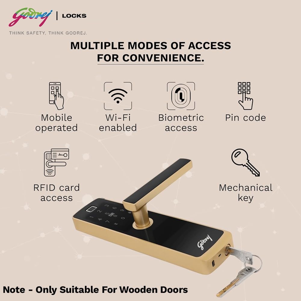 Godrej Smart Lock | Catus Connect | 5 in 1 Access | WiFi |Fingerprint |RFID Card | PIN Access| Key|3 Strong Locking Dead Bolts | Main Door Digital Lock | Rose Gold | 3 Yr Warranty | Free Installation