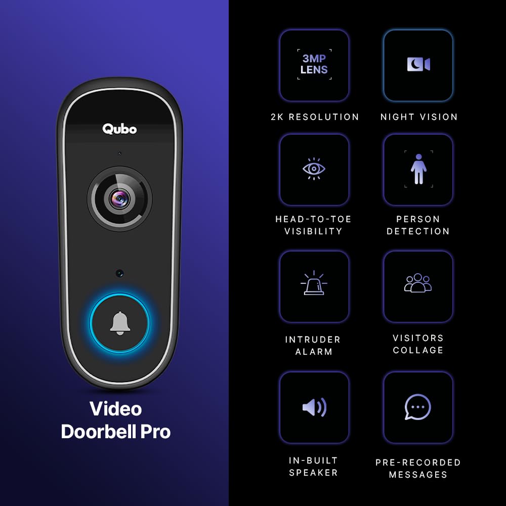Qubo Smart Wi-Fi Video Doorbell Pro 2K from Hero Group | Instant Phone Visitor Video Call | Intruder Alarm | 3MP 1296P Resolution | 2-Way Talk | NightPulse Vision