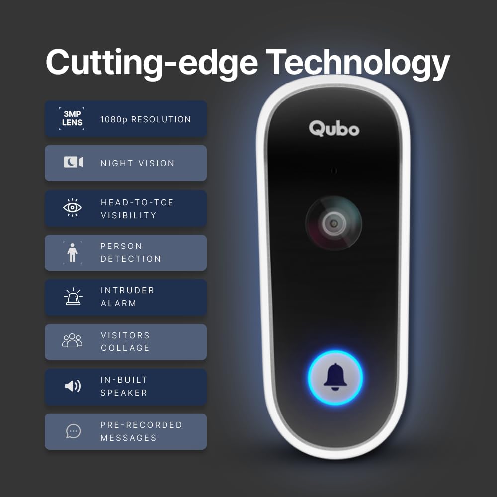 Qubo Smart Wi-Fi Video Doorbell Pro 2K from Hero Group | Instant Phone Visitor Video Call | Intruder Alarm | 3MP 1296P Resolution | 2-Way Talk | NightPulse Vision