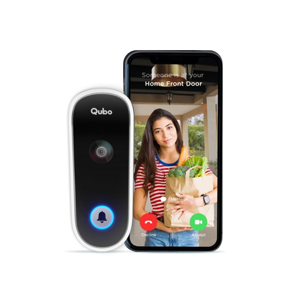 Qubo Smart Wi-Fi Video Doorbell Pro 2K from Hero Group | Instant Phone Visitor Video Call | Intruder Alarm | 3MP 1296P Resolution | 2-Way Talk | NightPulse Vision