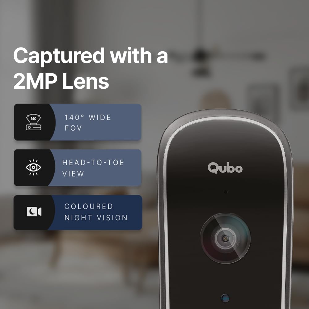Qubo Smart Wi-Fi Video Doorbell Pro 2K from Hero Group | Instant Phone Visitor Video Call | Intruder Alarm | 3MP 1296P Resolution | 2-Way Talk | NightPulse Vision