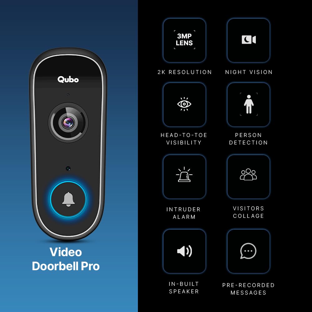 Qubo Smart Wi-Fi Video Doorbell Pro 2K from Hero Group | Instant Phone Visitor Video Call | Intruder Alarm | 3MP 1296P Resolution | 2-Way Talk | NightPulse Vision