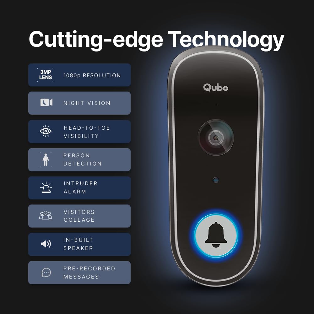 Qubo Smart Wi-Fi Video Doorbell Pro 2K from Hero Group | Instant Phone Visitor Video Call | Intruder Alarm | 3MP 1296P Resolution | 2-Way Talk | NightPulse Vision