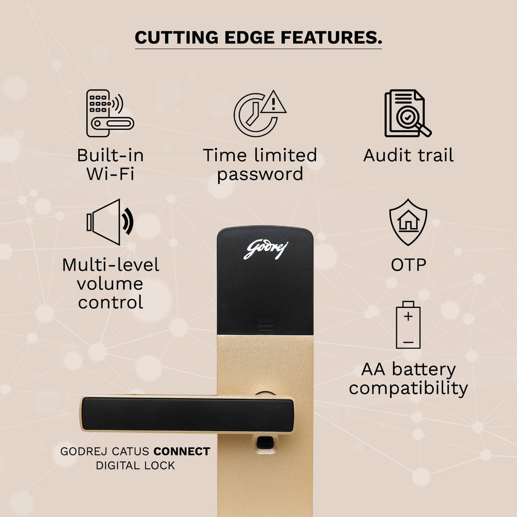 Godrej Smart Lock | Catus Connect | 5 in 1 Access | WiFi |Fingerprint |RFID Card | PIN Access| Key|3 Strong Locking Dead Bolts | Main Door Digital Lock | Rose Gold | 3 Yr Warranty | Free Installation