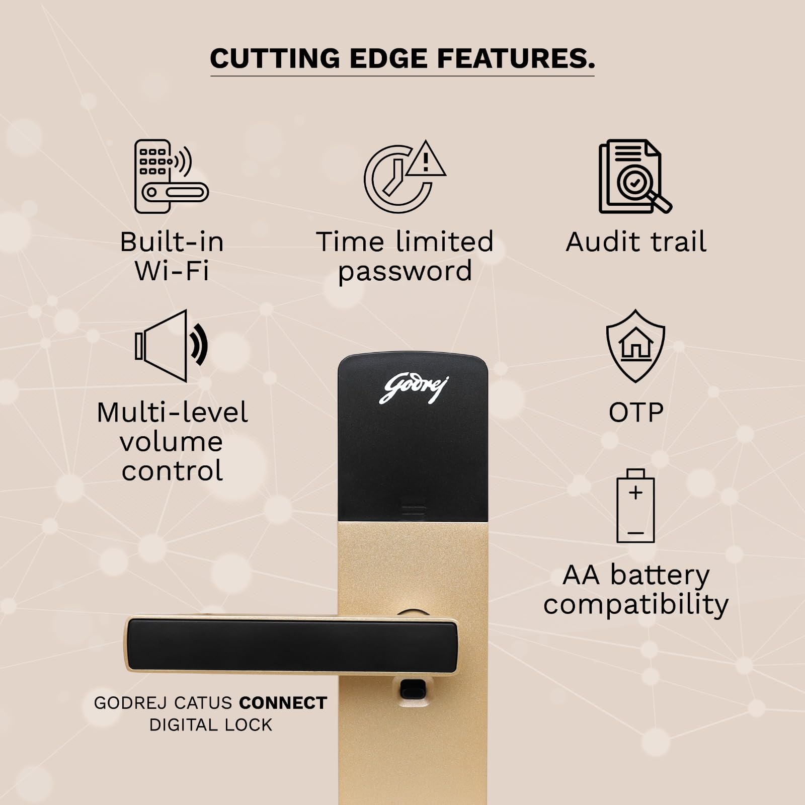 Godrej Smart Lock | Catus Connect | 5 in 1 Access | WiFi |Fingerprint |RFID Card | PIN Access| Key|3 Strong Locking Dead Bolts | Main Door Digital Lock | Rose Gold | 3 Yr Warranty | Free Installation