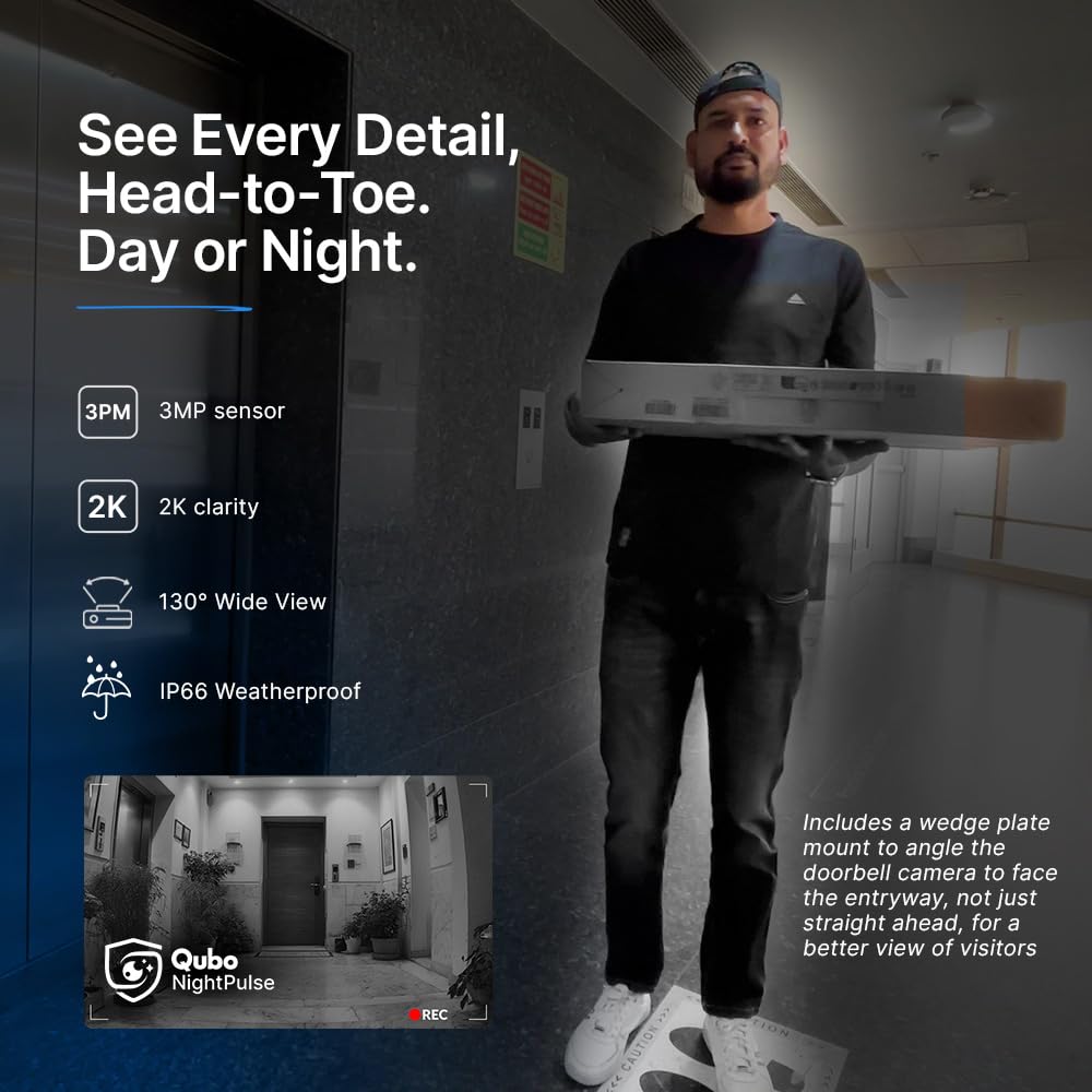 Qubo Smart Wi-Fi Video Doorbell Pro 2K from Hero Group | Instant Phone Visitor Video Call | Intruder Alarm | 3MP 1296P Resolution | 2-Way Talk | NightPulse Vision