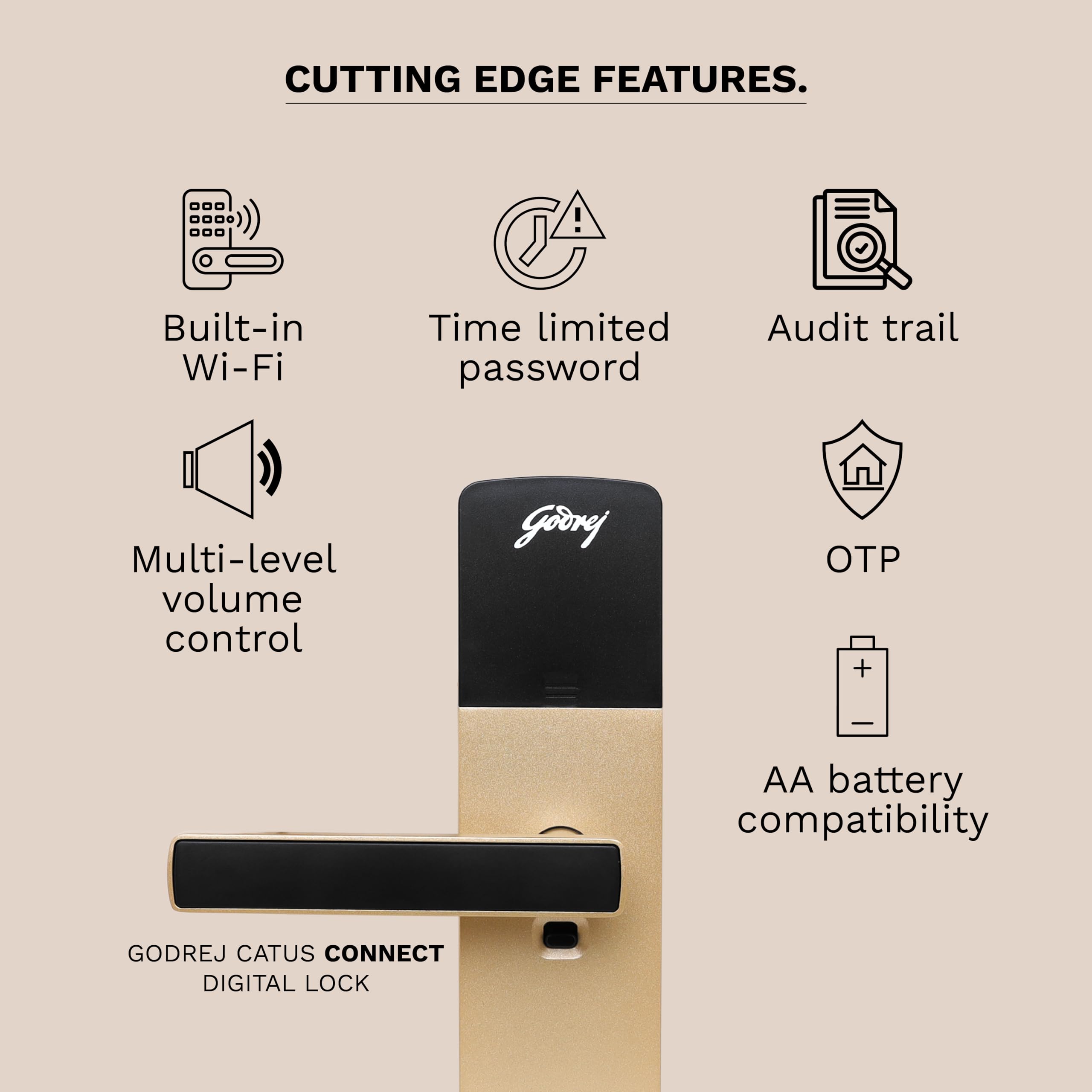 Godrej Smart Lock | Catus Connect | 5 in 1 Access | WiFi |Fingerprint |RFID Card | PIN Access| Key|3 Strong Locking Dead Bolts | Main Door Digital Lock | Rose Gold | 3 Yr Warranty | Free Installation