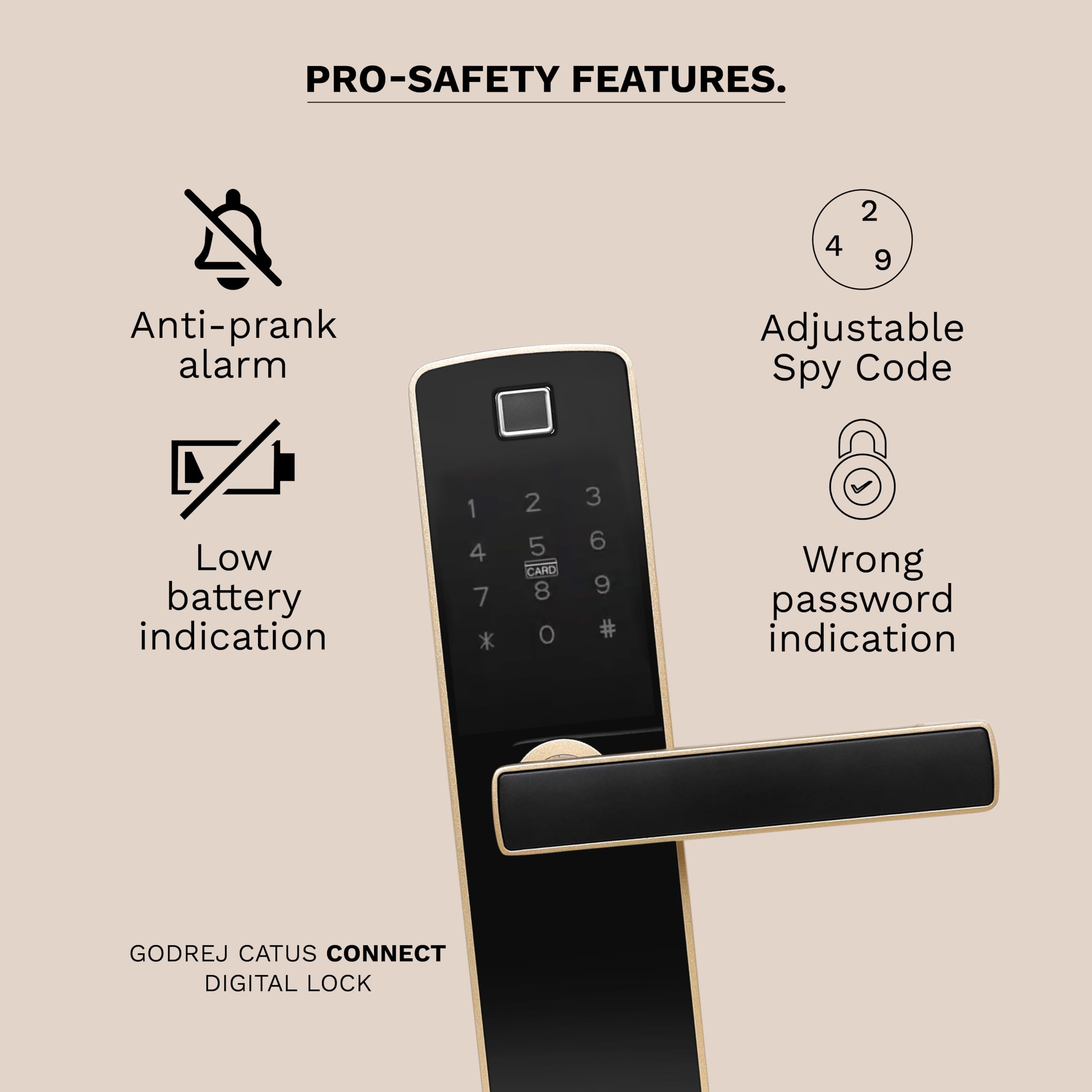 Godrej Smart Lock | Catus Connect | 5 in 1 Access | WiFi |Fingerprint |RFID Card | PIN Access| Key|3 Strong Locking Dead Bolts | Main Door Digital Lock | Rose Gold | 3 Yr Warranty | Free Installation