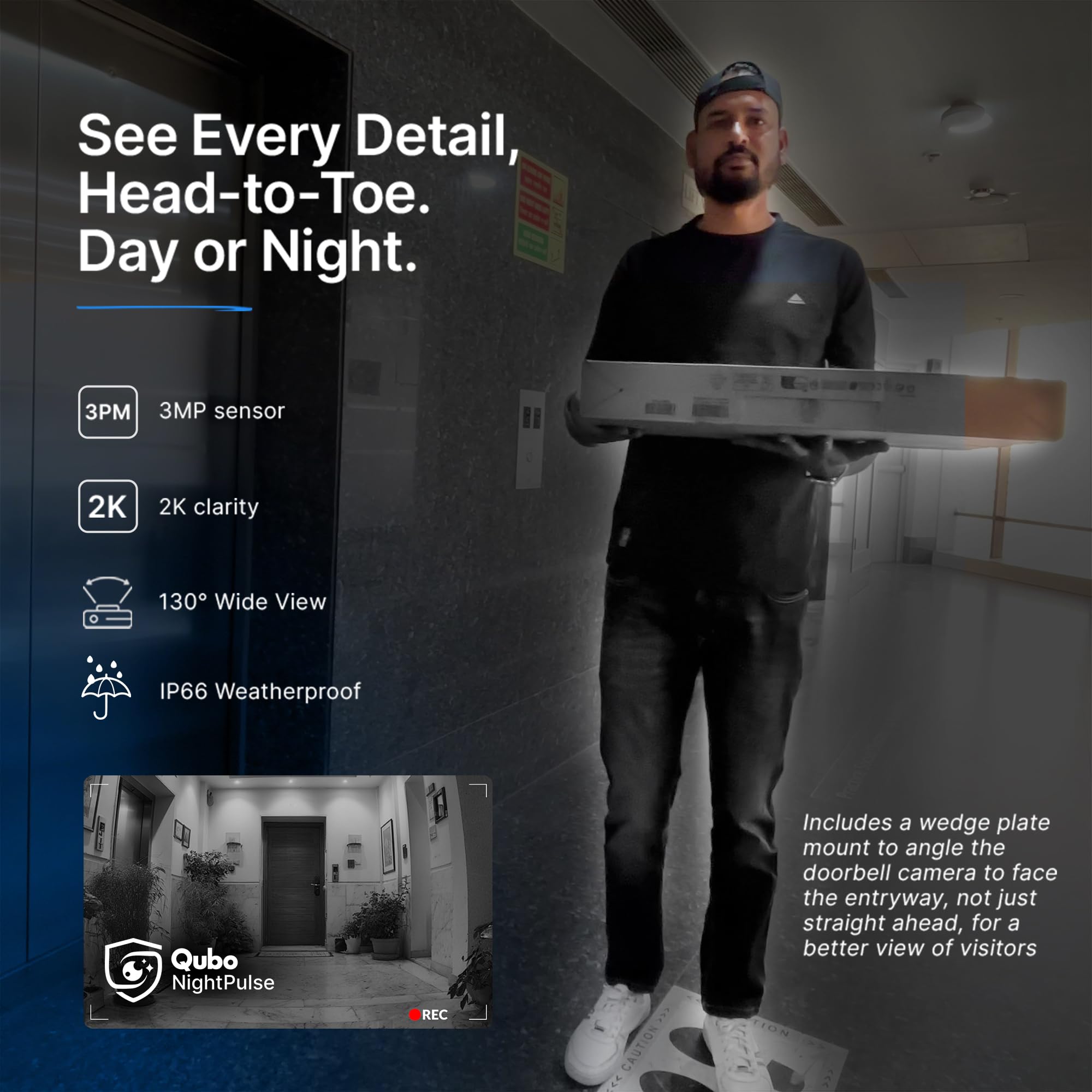 Qubo Smart Wi-Fi Video Doorbell Pro 2K from Hero Group | Instant Phone Visitor Video Call | Intruder Alarm | 3MP 1296P Resolution | 2-Way Talk | NightPulse Vision