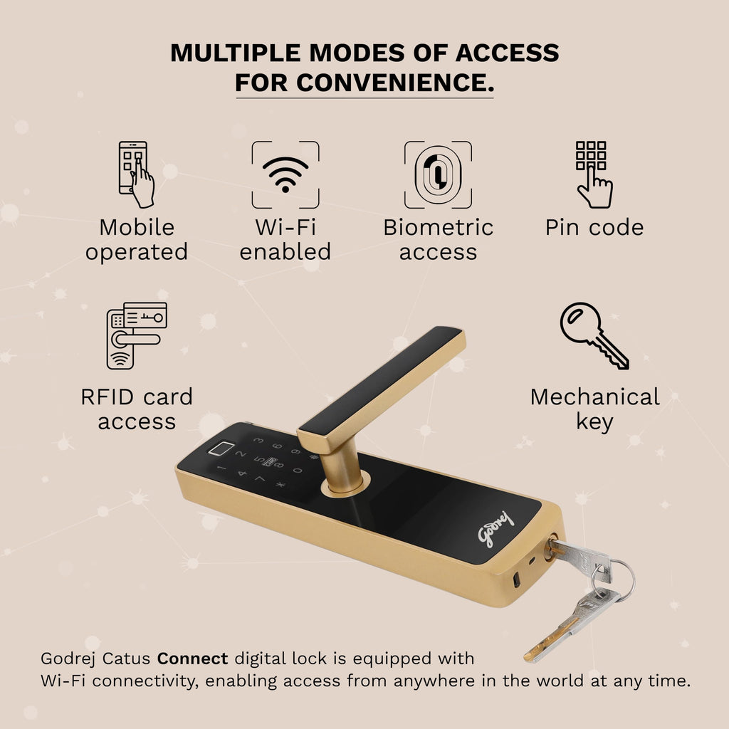 Godrej Smart Lock | Catus Connect | 5 in 1 Access | WiFi |Fingerprint |RFID Card | PIN Access| Key|3 Strong Locking Dead Bolts | Main Door Digital Lock | Rose Gold | 3 Yr Warranty | Free Installation