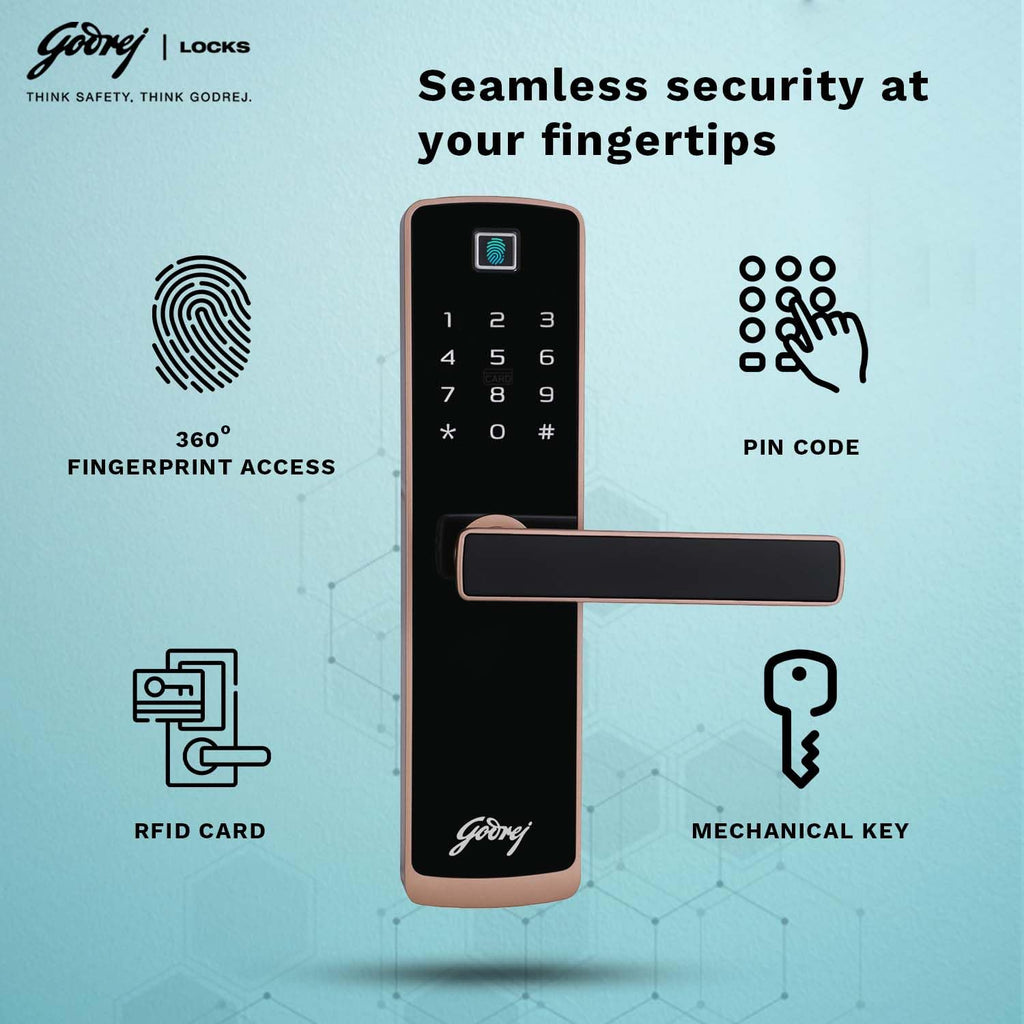 Godrej Smart Lock | Catus Connect | 5 in 1 Access | WiFi |Fingerprint |RFID Card | PIN Access| Key|3 Strong Locking Dead Bolts | Main Door Digital Lock | Rose Gold | 3 Yr Warranty | Free Installation