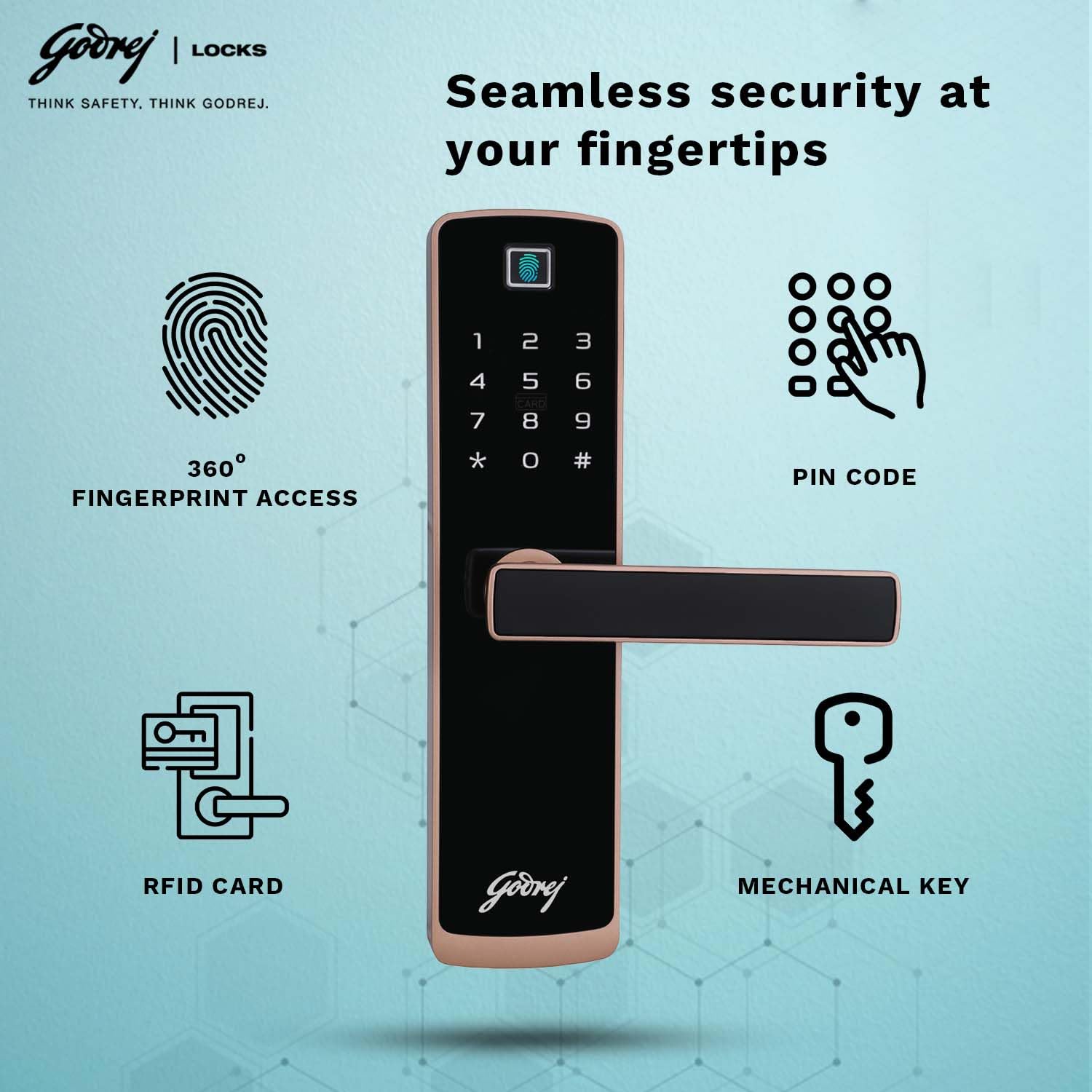 Godrej Smart Lock | Catus Connect | 5 in 1 Access | WiFi |Fingerprint |RFID Card | PIN Access| Key|3 Strong Locking Dead Bolts | Main Door Digital Lock | Rose Gold | 3 Yr Warranty | Free Installation