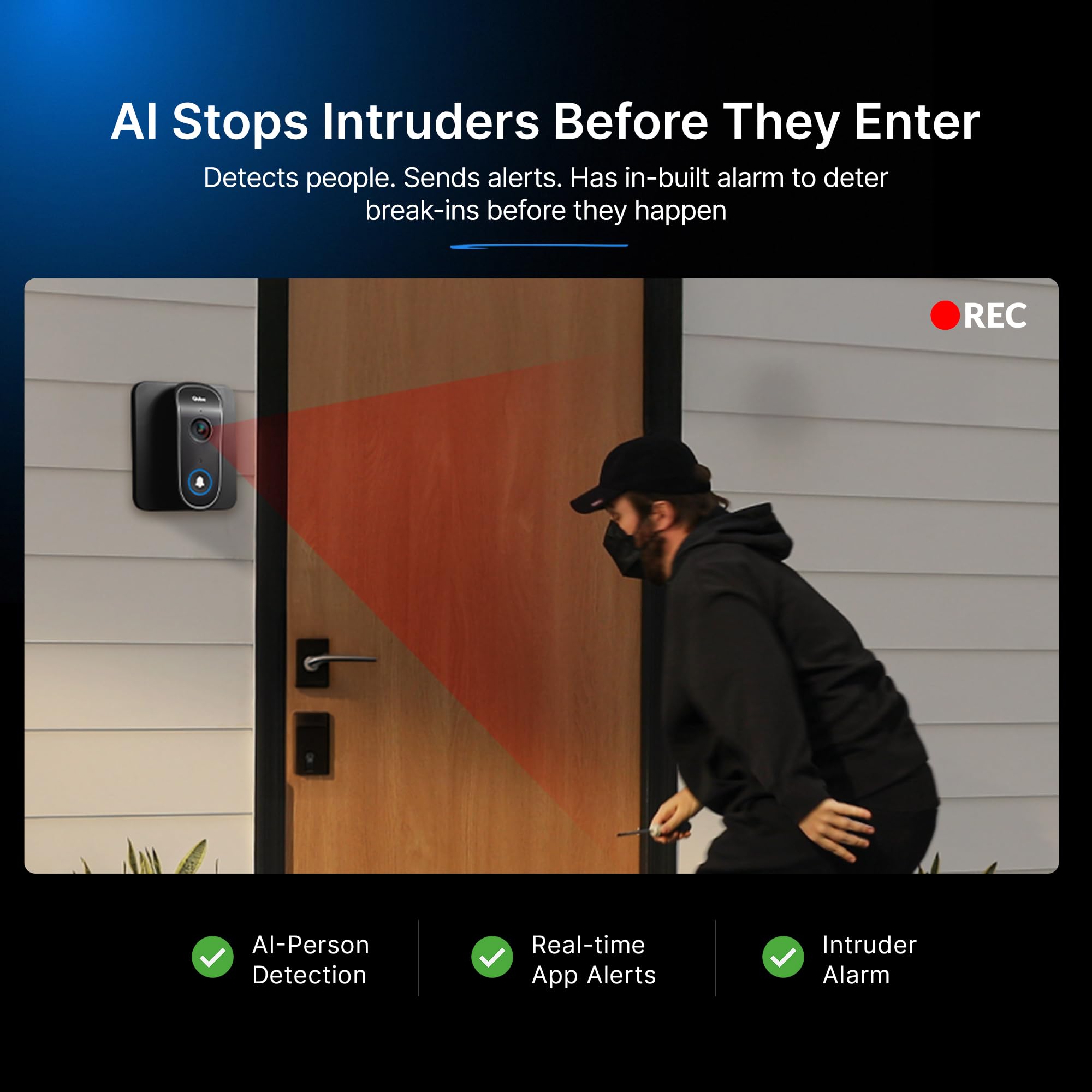 Qubo Smart Wi-Fi Video Doorbell Pro 2K from Hero Group | Instant Phone Visitor Video Call | Intruder Alarm | 3MP 1296P Resolution | 2-Way Talk | NightPulse Vision