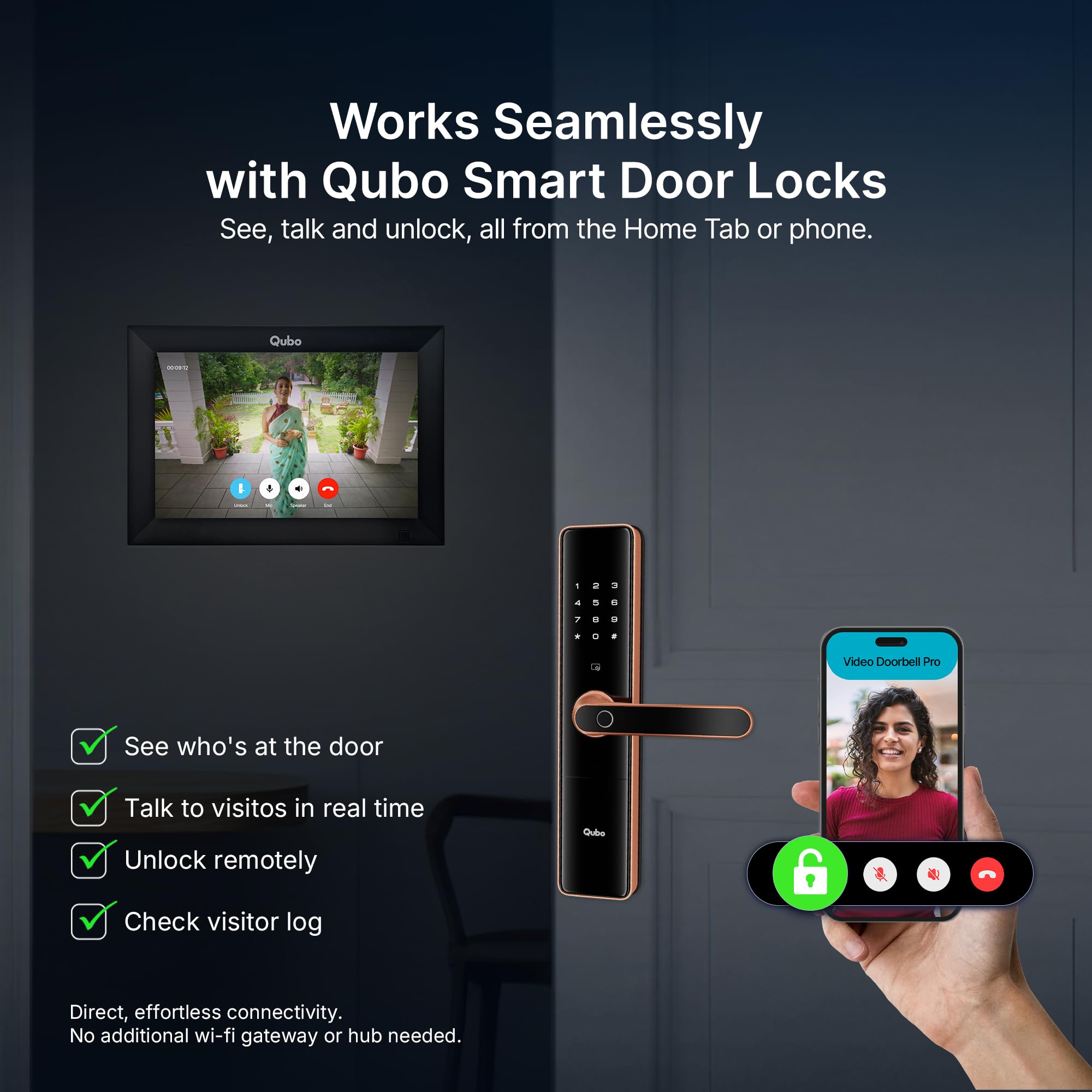 Qubo Smart Wi-Fi Video Doorbell Pro 2K from Hero Group | Instant Phone Visitor Video Call | Intruder Alarm | 3MP 1296P Resolution | 2-Way Talk | NightPulse Vision