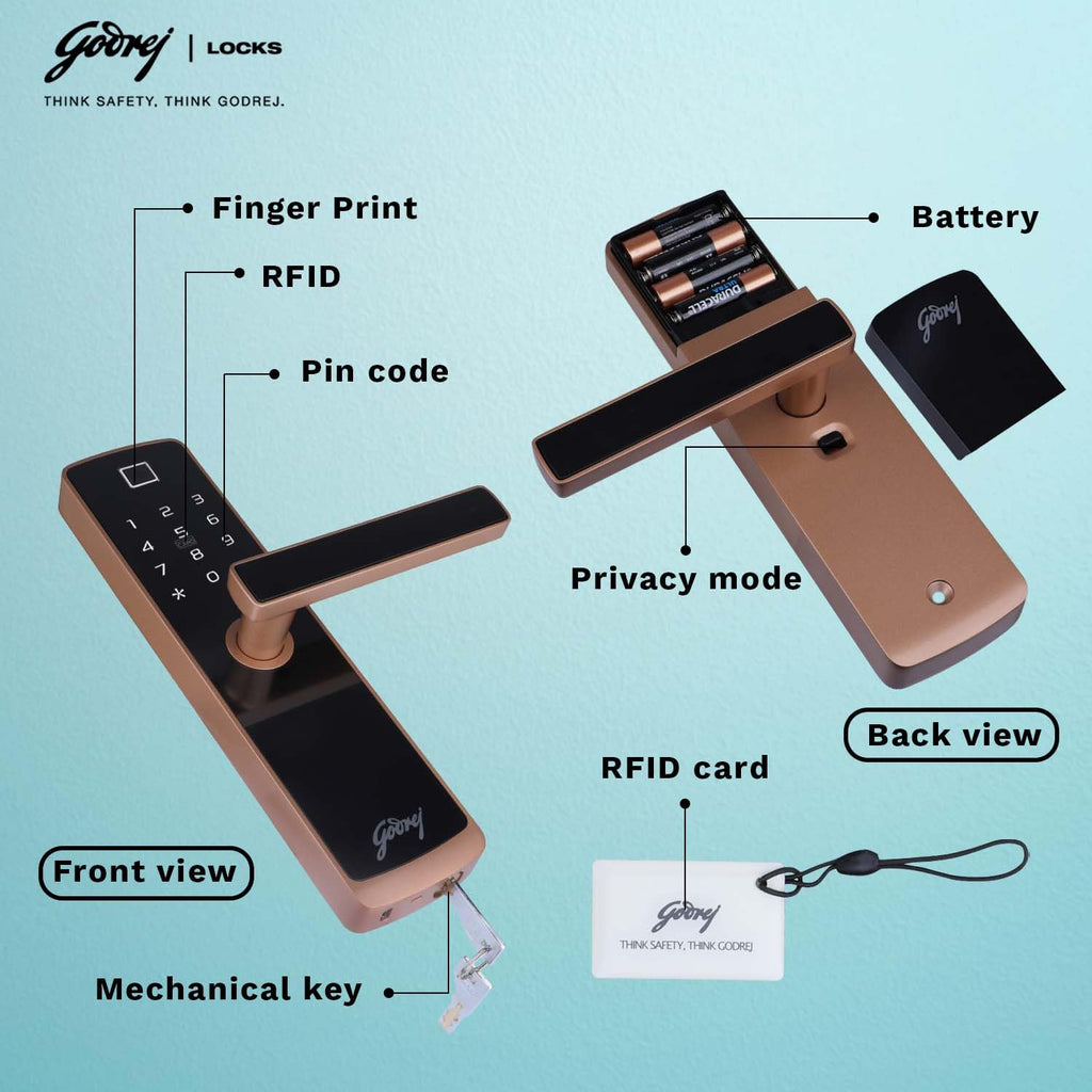 Godrej Smart Lock | Catus Connect | 5 in 1 Access | WiFi |Fingerprint |RFID Card | PIN Access| Key|3 Strong Locking Dead Bolts | Main Door Digital Lock | Rose Gold | 3 Yr Warranty | Free Installation