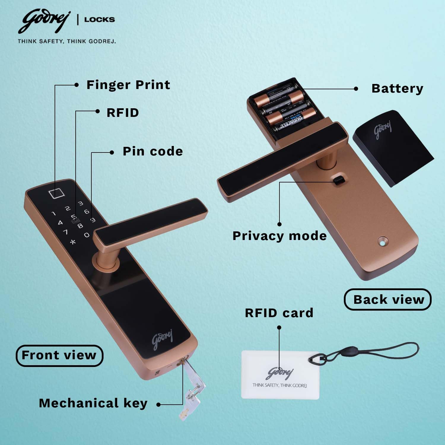 Godrej Smart Lock | Catus Connect | 5 in 1 Access | WiFi |Fingerprint |RFID Card | PIN Access| Key|3 Strong Locking Dead Bolts | Main Door Digital Lock | Rose Gold | 3 Yr Warranty | Free Installation