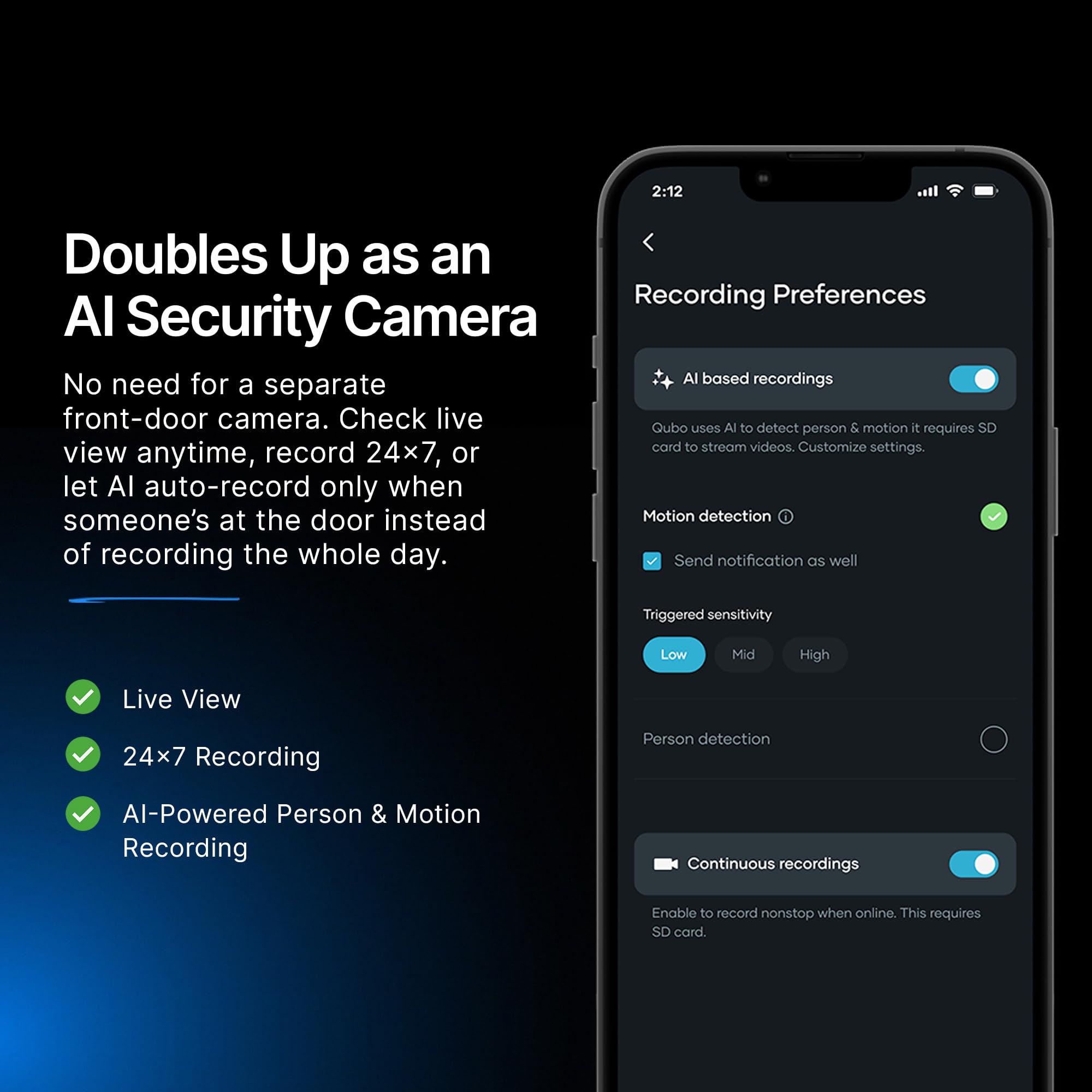 Qubo Smart Wi-Fi Video Doorbell Pro 2K from Hero Group | Instant Phone Visitor Video Call | Intruder Alarm | 3MP 1296P Resolution | 2-Way Talk | NightPulse Vision
