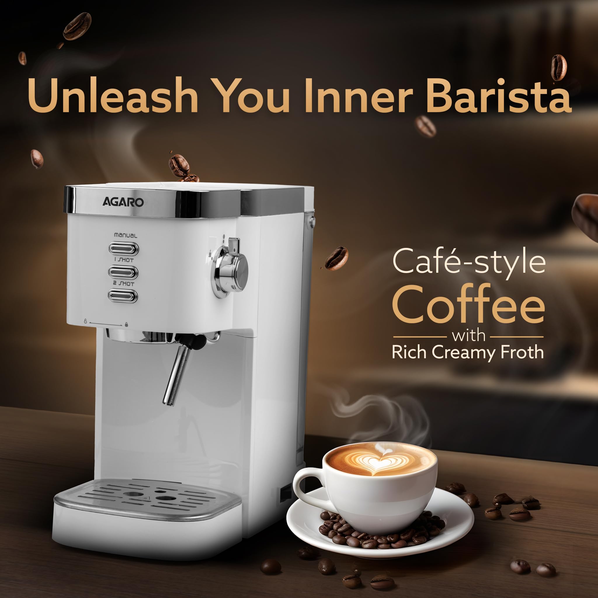 AGARO Regency Espresso Coffee Maker, Adjustable Pressure up to 20 Bars, Cappuccino Coffee Maker with Adjustable Foaming Milk Frother Wand for Steam Espresso, 1.2L Removable Water Tank, 1350W, White